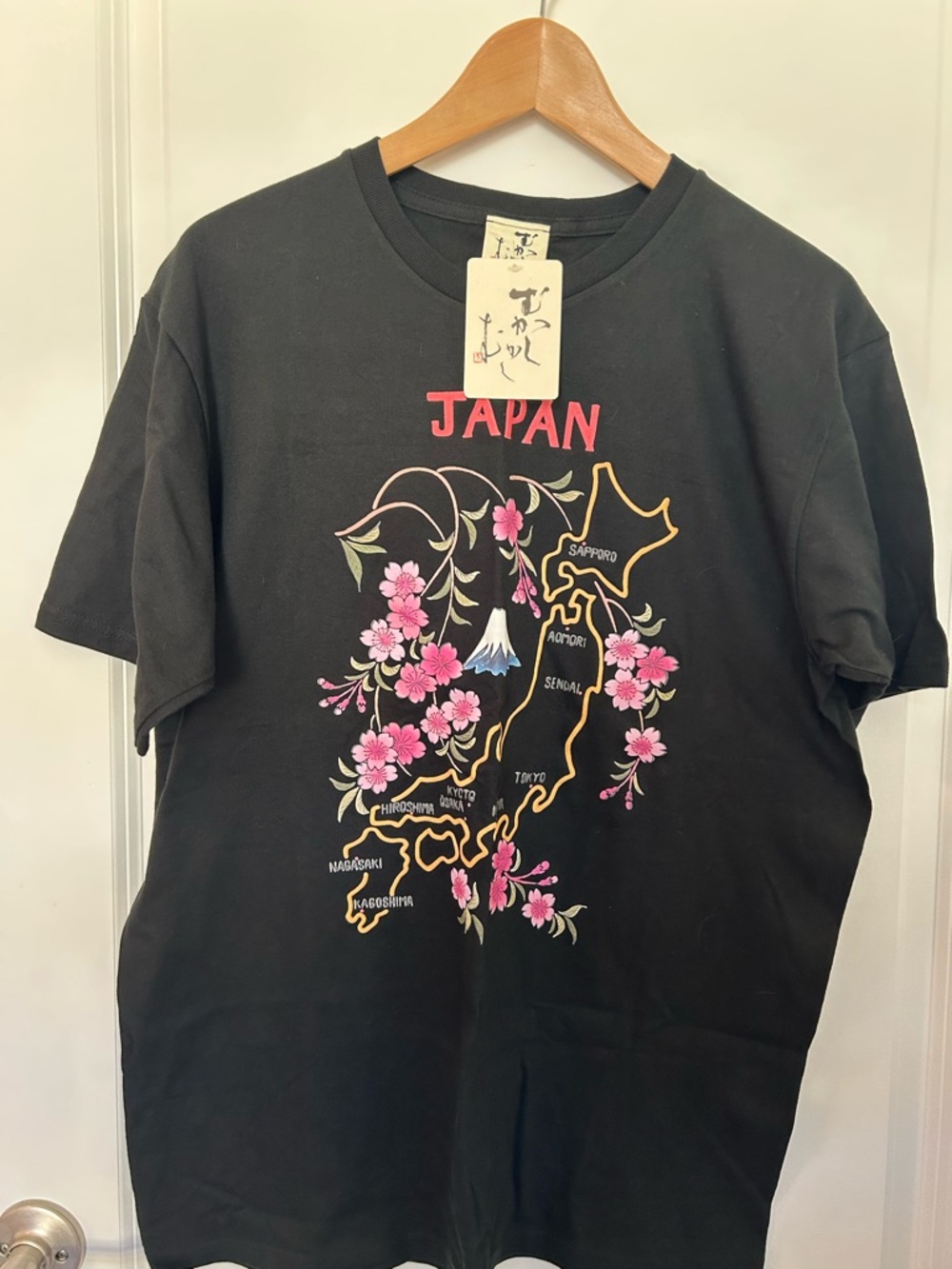 Black 'Japan' Map Tee with Pink Cherry Blossoms